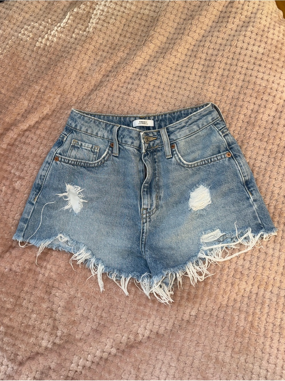 Forever 21 High-Rise Distressed Denim Shorts - Light Blue